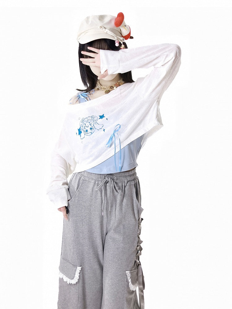 キュートな女の子のプリント柄カバーアップ ホワイト アシンメトリーネックライン