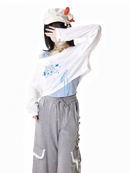 キュートな女の子のプリント柄カバーアップ ホワイト アシンメトリーネックライン