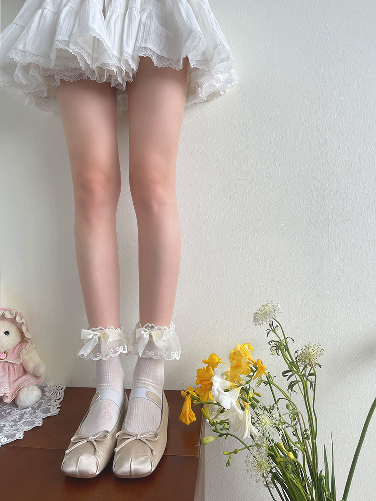 Ruffle Bow Breathable Black/White/Apricot Lolita Socks Mesh Decorated