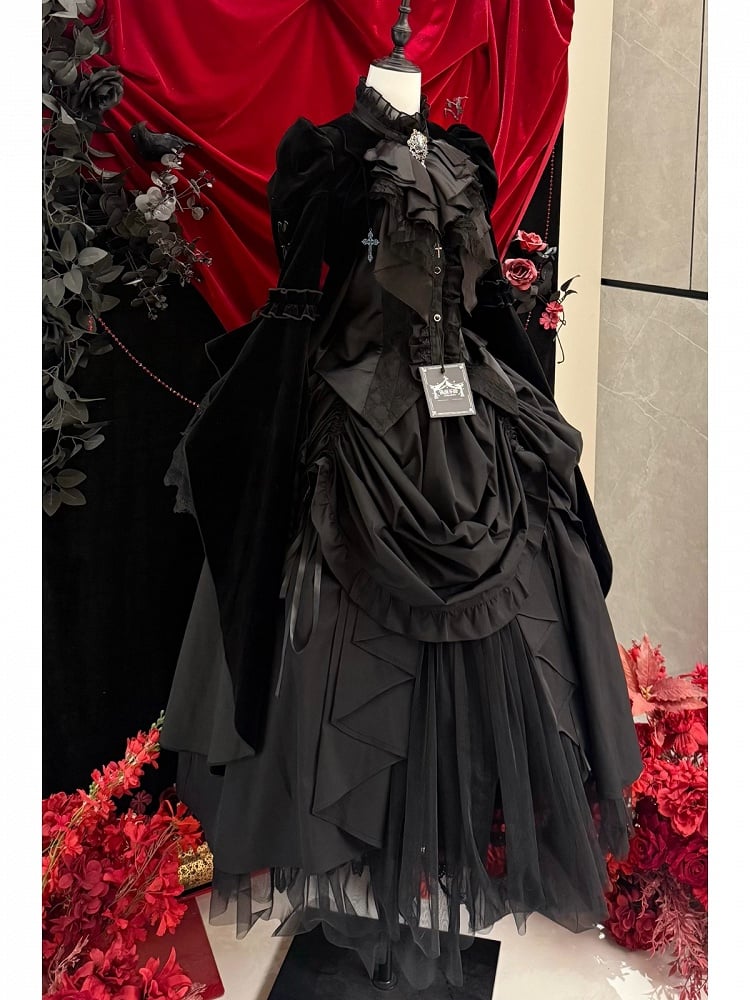 Collar Curved Lolita Sleeves Gothic with and Flounced Coat Black