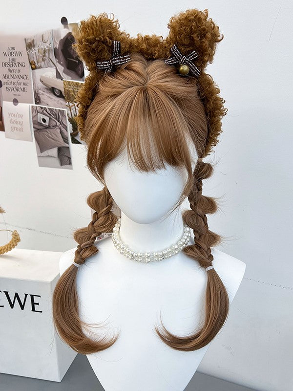 Braided Double With Full and Brown Bangs Ponytails Wig Synthetic