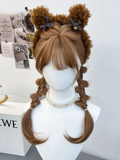 Braided Double With Full and Brown Bangs Ponytails Wig Synthetic