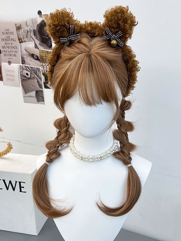 Brown Wig Braided Full Double Synthetic Ponytails Bangs With and