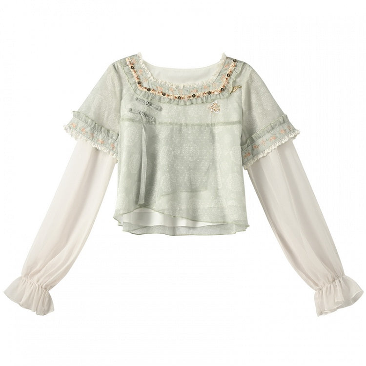 Grünes Jacquard-Cheongsam mit Knotenknöpfen, Chiffon-Oberteil mit Stickerei im Blumenausschnitt