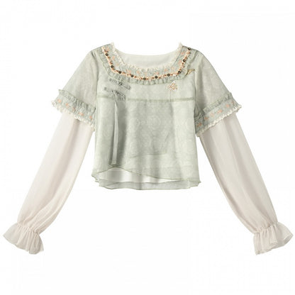 Grünes Jacquard-Cheongsam mit Knotenknöpfen, Chiffon-Oberteil mit Stickerei im Blumenausschnitt