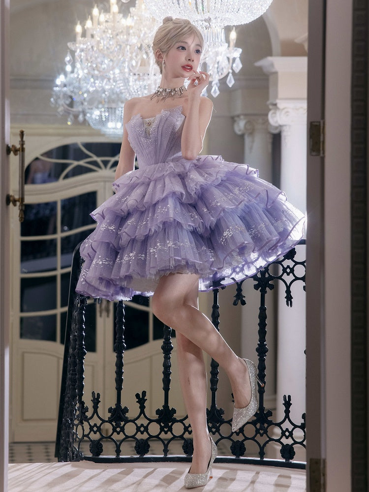 Purple Rhinestone Balletcore Lolita Silver Star Shimmer Dress - Nikki Tomorrow