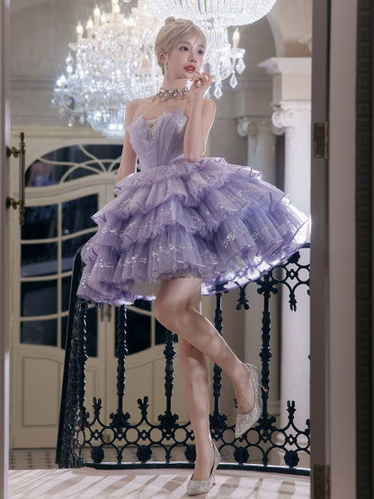 Purple Rhinestone Balletcore Lolita Silver Star Shimmer Dress - Nikki Tomorrow