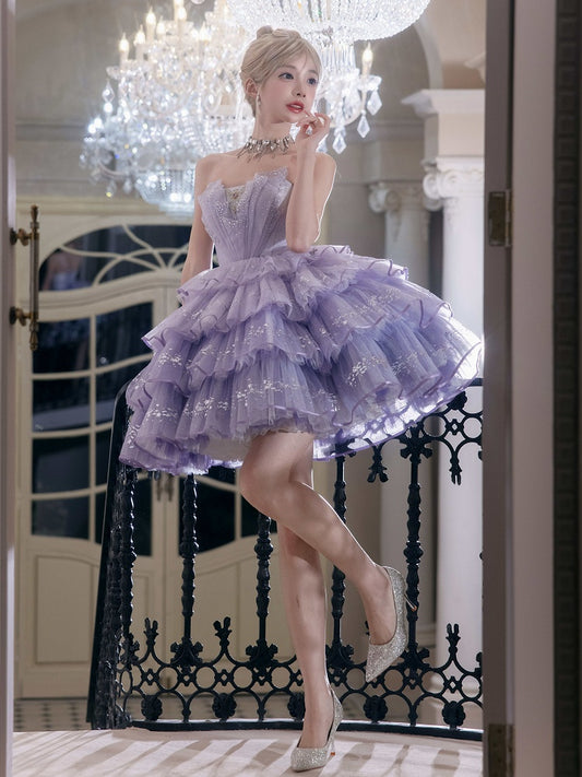 Purple Rhinestone Balletcore Lolita Silver Star Shimmer Dress - Nikki Tomorrow