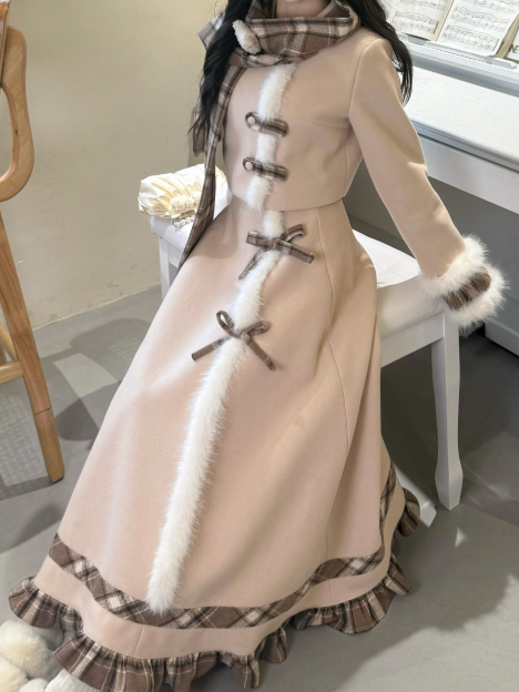 Fur Classic Plaid Set Top Scarf Trim Hem Khaki Lolita Skirt Elegant + Faux Ruffle