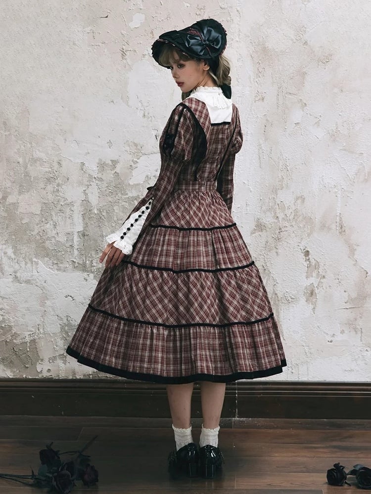 Neckline with Lace Black Long Classic Plaid Sleeves Lolita Dress Elegant Red and Piping