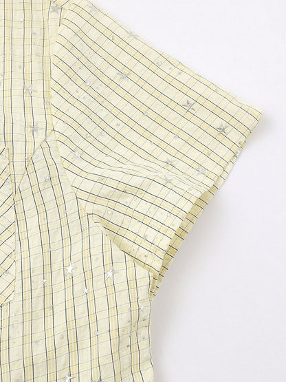 Yellow Plaid Short-Sleeve Shirt with Star Print and Necklace - Languid Park