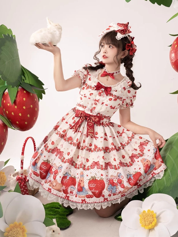 Frühlings-Erdbeer- und Kaninchen-Print, Spitzenbesatz, Schleife, Akzente, Beige, süßes Lolita-Kleid, einteilig