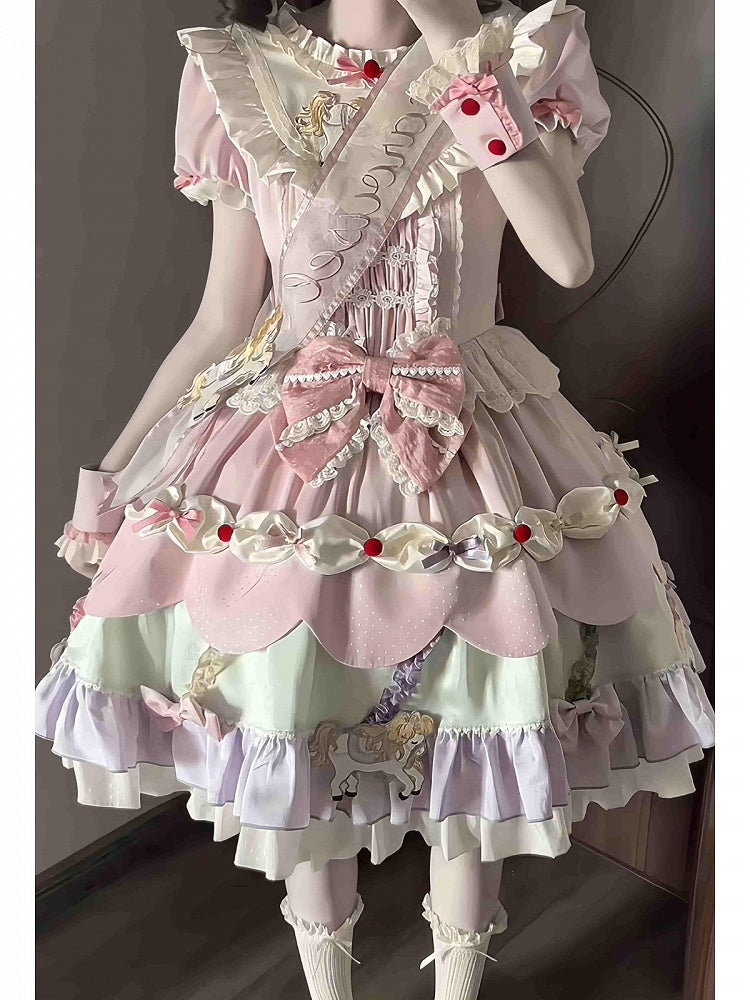 Cute Round Neck Bow Ruffle Dress with 3D Horse Embroidery in Pink & Purple - Sweet Dream Box