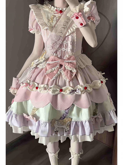 Cute Round Neck Bow Ruffle Dress with 3D Horse Embroidery in Pink & Purple - Sweet Dream Box