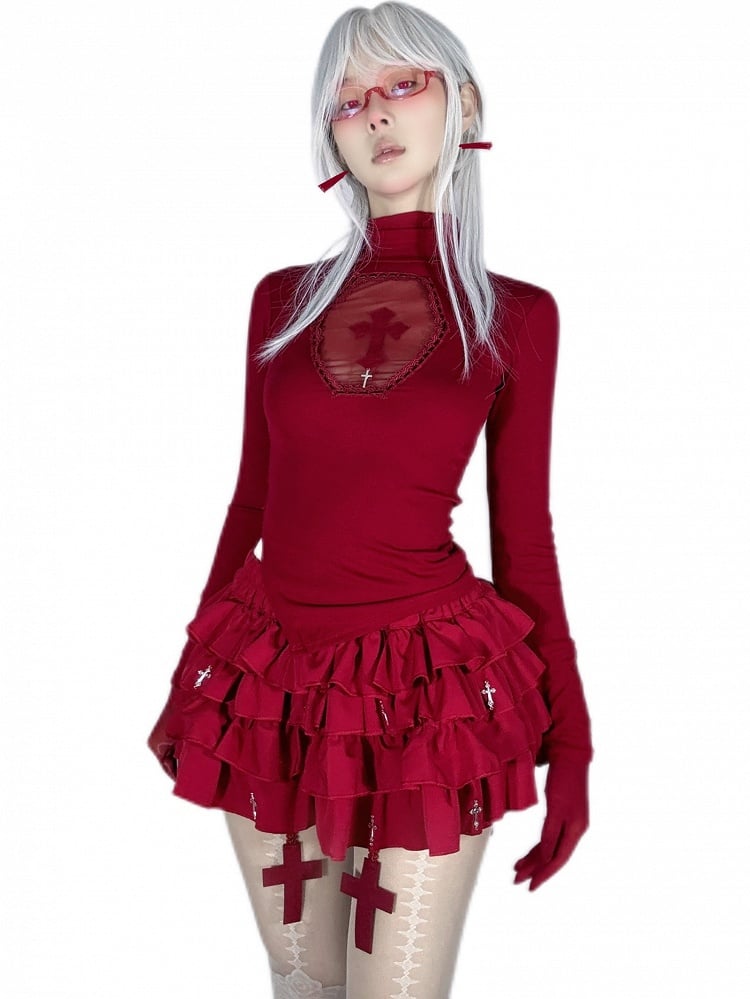 Gothic Red Cross Charms Tiered Ruffles Skort