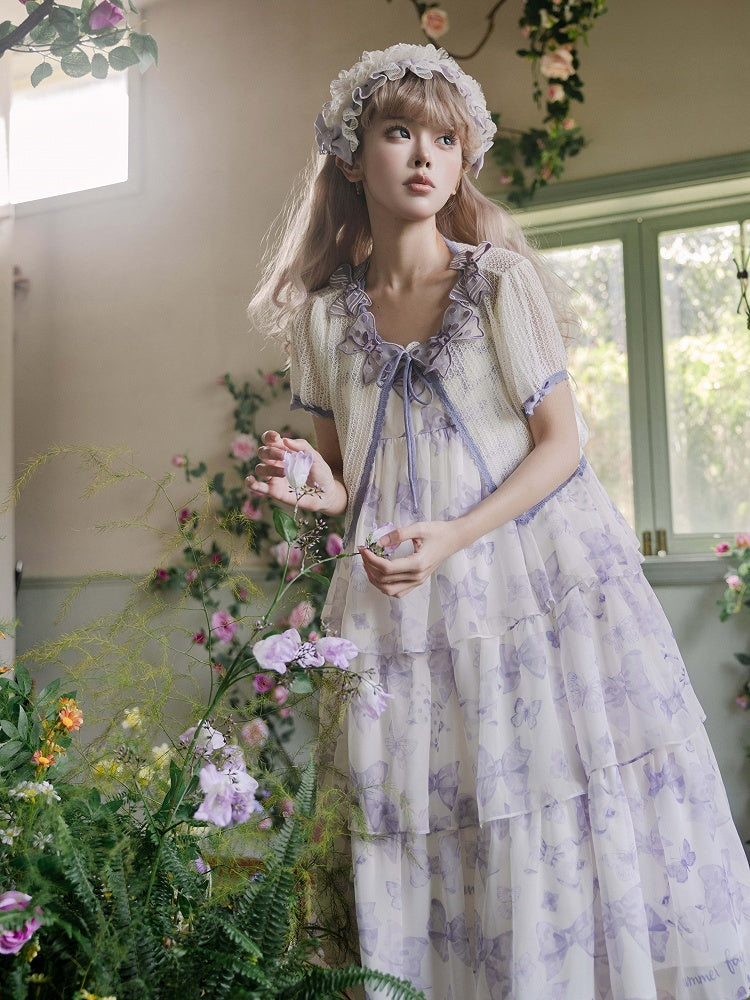 パープルの蝶結びアップリケネックライン半袖トップス