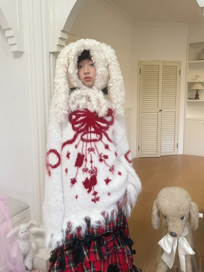 Chime Jacquard and Wind Cozy White Fuzzy Sweater with Distress Trim and Bow