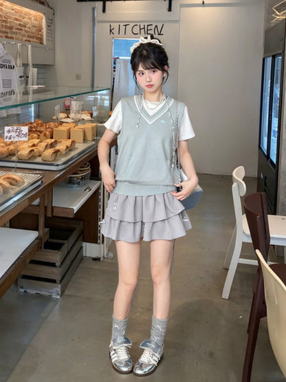 Green V-Neck Preppy JK Uniform Knitted Vest Light