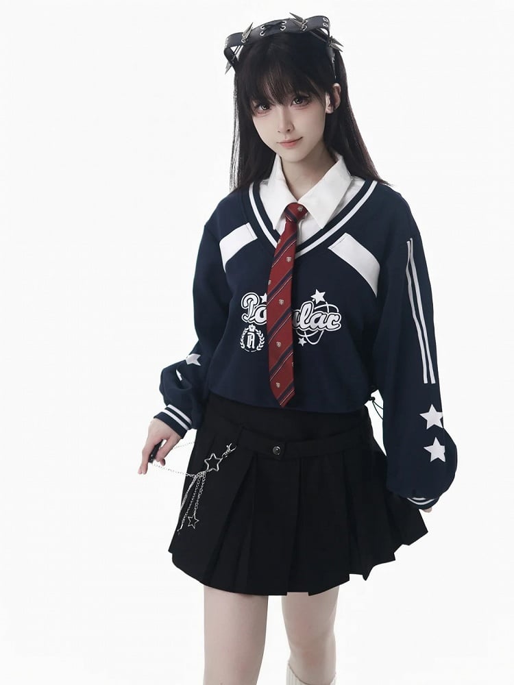 with Collegiate Version Faux Wine Long/Short Blue Star Sweatshirt Red/Navy Two-Piece Print in