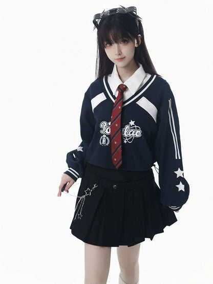 with Collegiate Version Faux Wine Long/Short Blue Star Sweatshirt Red/Navy Two-Piece Print in