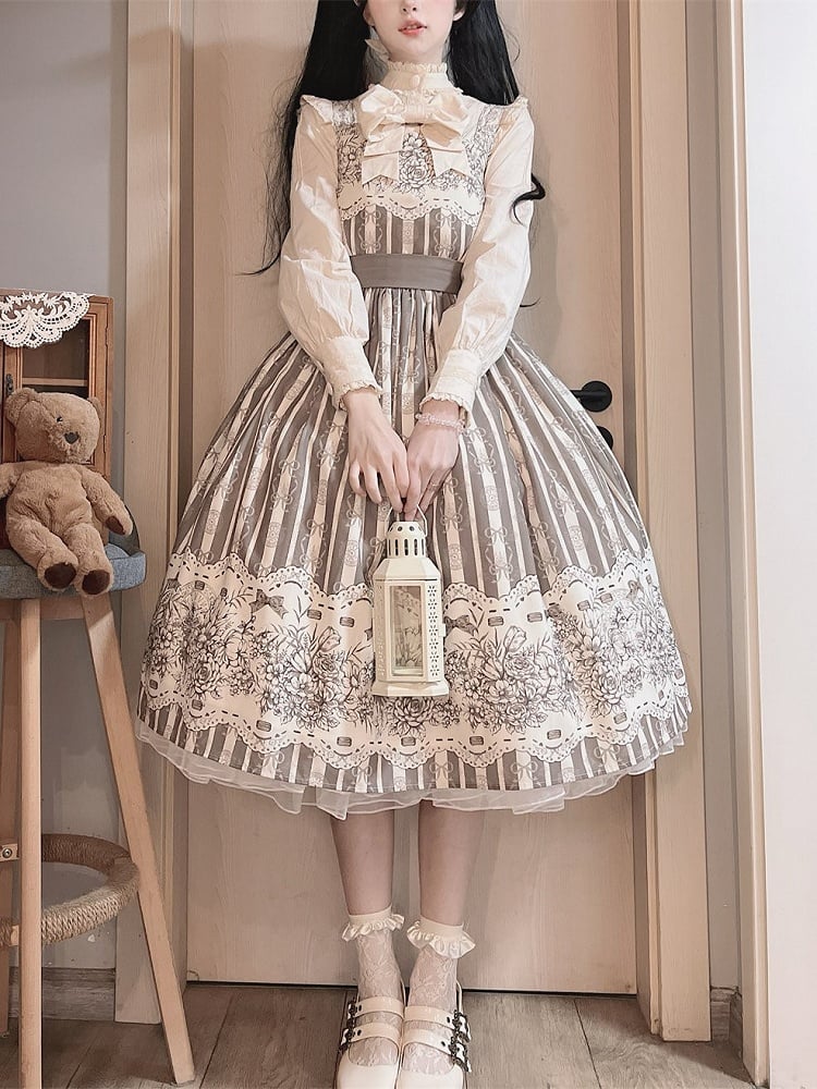 Skirt Classic Brown Long Jumper Print and Clock Lolita Floral Version