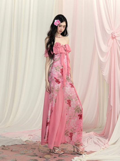 Rose Manor Pink Off-the-Shoulder Cascading Ruffle Accents Floral Chiffon Dress