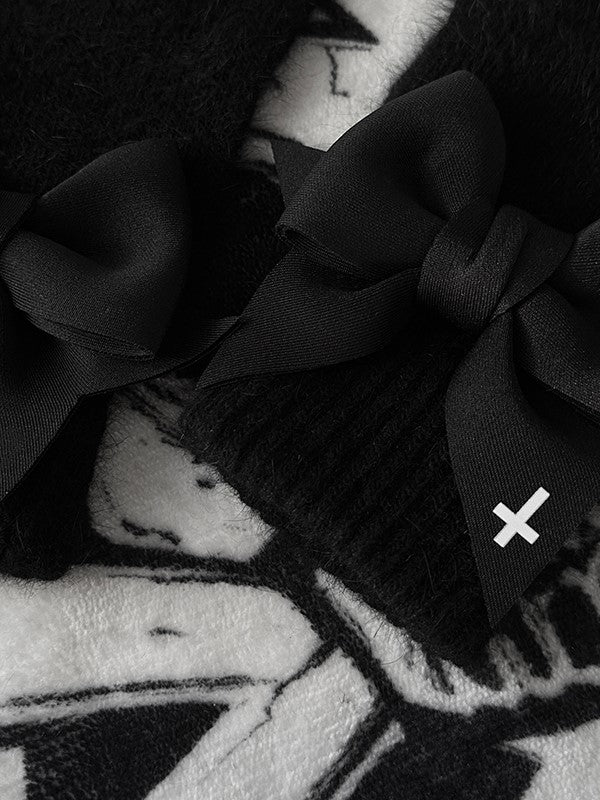 Bowknot Pads Details Gloves Print Cutout at Black White Cross Finger Gothic With