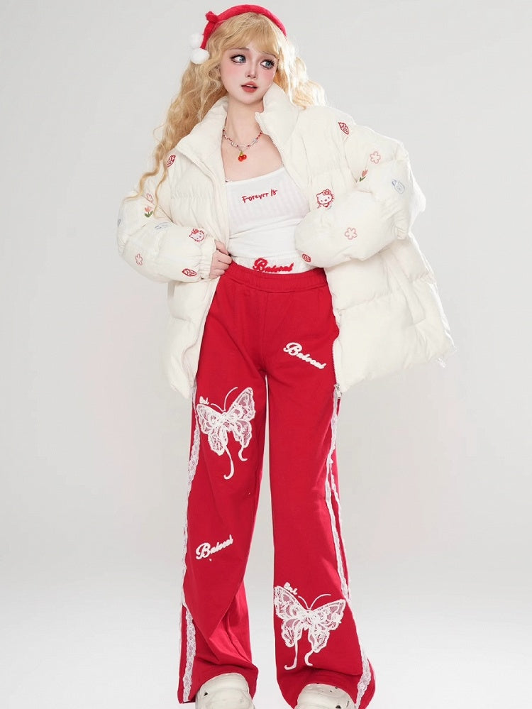 Schwarz/Rote Spitze Schmetterlinge Gerade Bein Schnitt Hose Spitze Trim