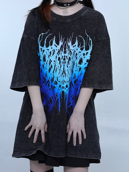 Black Neck Faded Wash Jirai Round T-shirt Design Kei