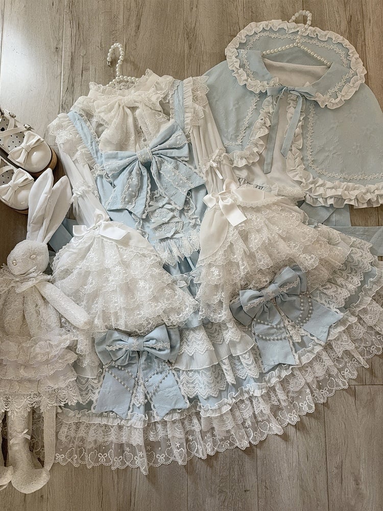 Lolita Rock Kleid Große Schleifen Dekoration Hanayome Blau Tiered