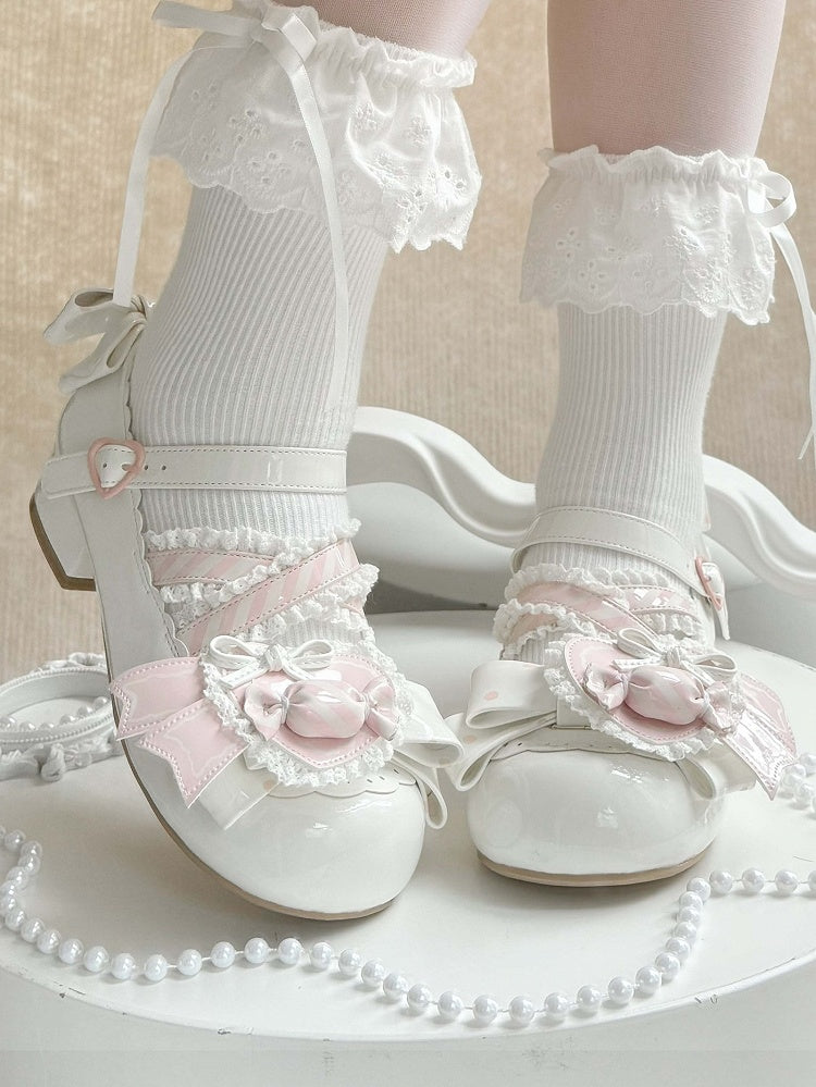 Lolita - Straps Heart Top Trim White Bow Ruffles Decor Candy Crisscross with Mary Sweet Pink Janes Shoe Clip