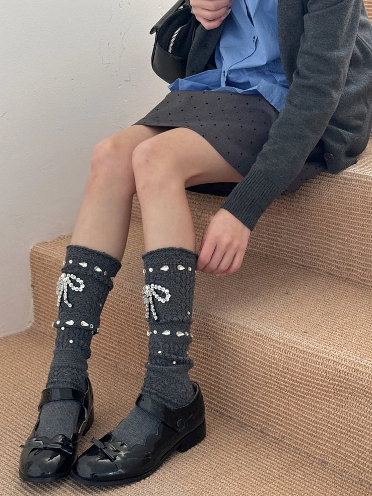Bow Calf Socks Rhinestone Ribbed Embellished