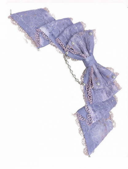 Black/Dark Blue/Light Purple Sweet Lolita Large Bow Hairclip with Bead Chain - Meng Fu Zi