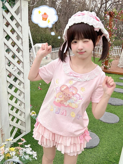 ショートバージョン 愛らしいマウスプリント ホワイト/ピンク レーストリム Tシャツ