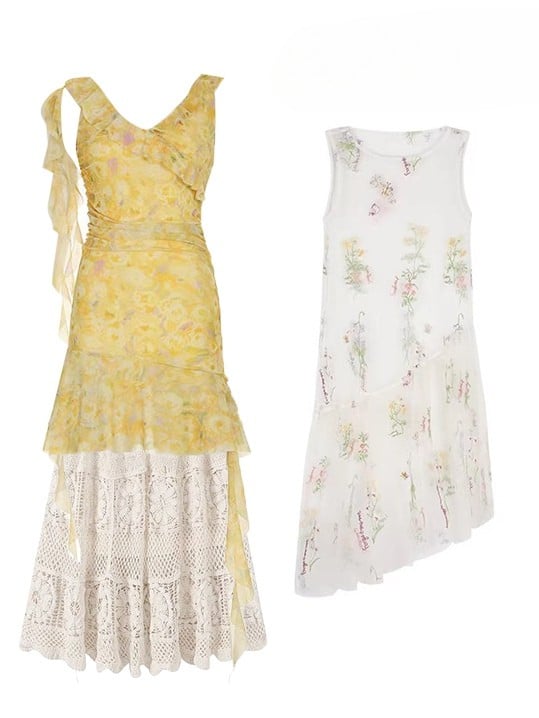 花柄ドレス ホワイト アシンメトリー イエロー ベージュ ホリデーセット - 透け感のある刺繍 + スカート裾