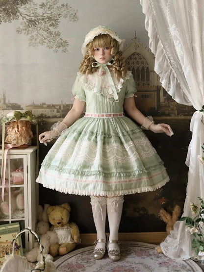 Short Green Puff Sleeve Lace Trim Elegant Lolita Dress - Pumpkin Planet