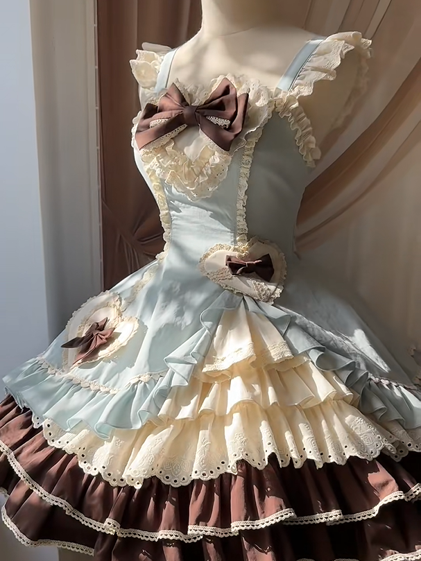 Dress Ruffles Lace Chocolate Patch Bow Mint with Lolita JSK Sweet Green Heart Embellished and