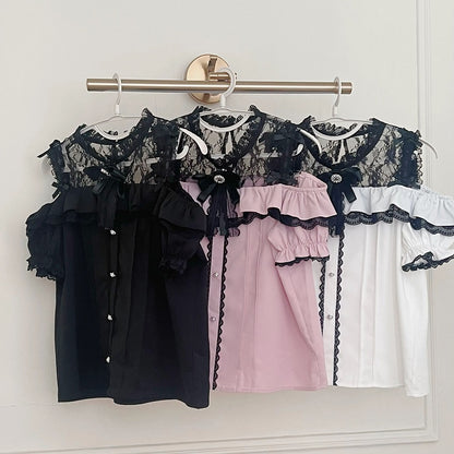 Blouse Top Black Shoulder Jirai Illusion Open with Contrast Kei Neckline Pink