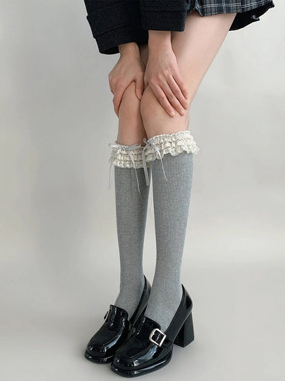 Ribbed Bow Stockings (4 Lace Colors) Ruffle