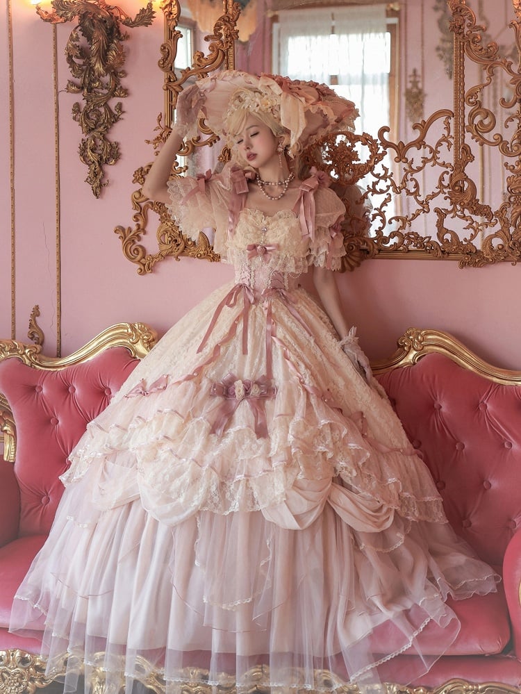 Hime Bowknot Pink Dress Piece One Lolita Hanayome Gorgeous Floral Beige and Corset