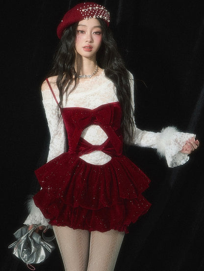 Christmas Red Cutout Detail Tiered Bubble Skirt Dress with Free Undies