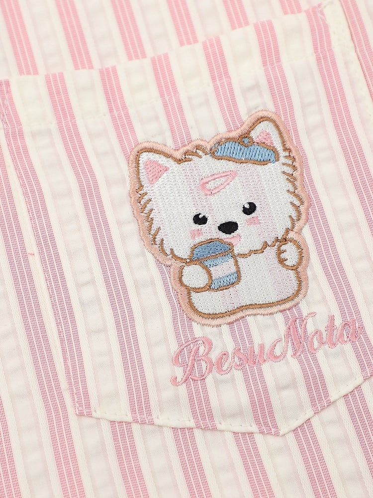 Kawaii Pink Striped Short Sleeve Shirt with Puppy Embroidery - Languid Park