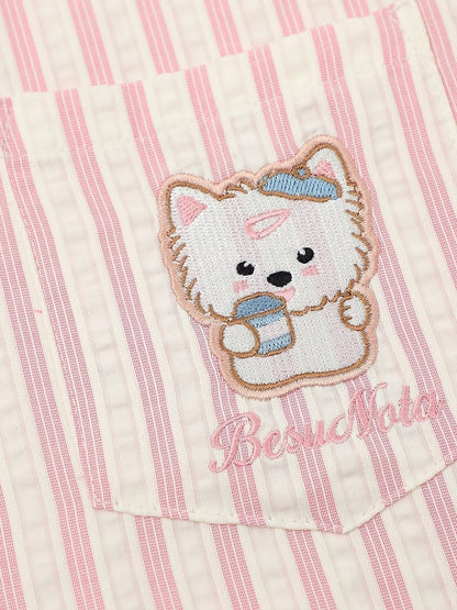 Kawaii Pink Striped Short Sleeve Shirt with Puppy Embroidery - Languid Park