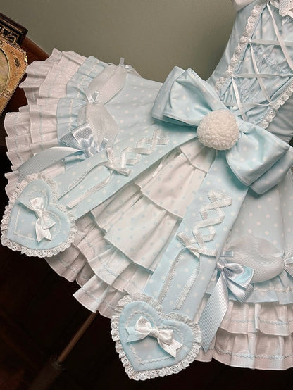 Dot Blue Lolita Neck Old Halter School Sleeves Versatile Dress Polka with Puff