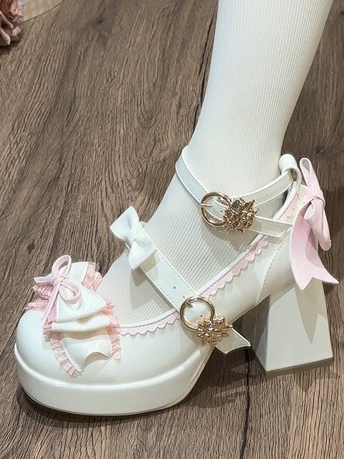 Bow White Height and Lolita Pink Elegant Ankle 8cm Strap Accents with Heel