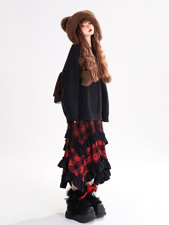 Pattern Skirt Hem Bowknots Plaid Handkerchief Red