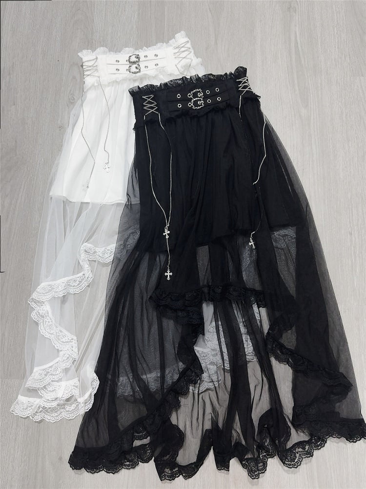 Double Kei Skirt Detachable Cross and Black with Buckles Chain Overlay Jirai Tulle