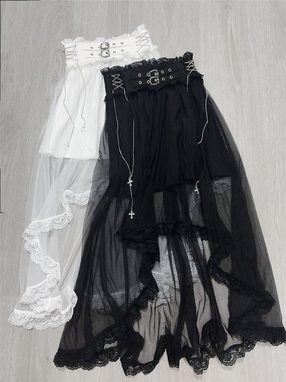 Double Kei Skirt Detachable Cross and Black with Buckles Chain Overlay Jirai Tulle