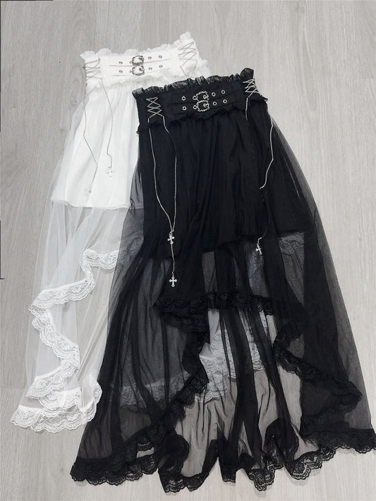 Double Kei Skirt Detachable Cross and Black with Buckles Chain Overlay Jirai Tulle