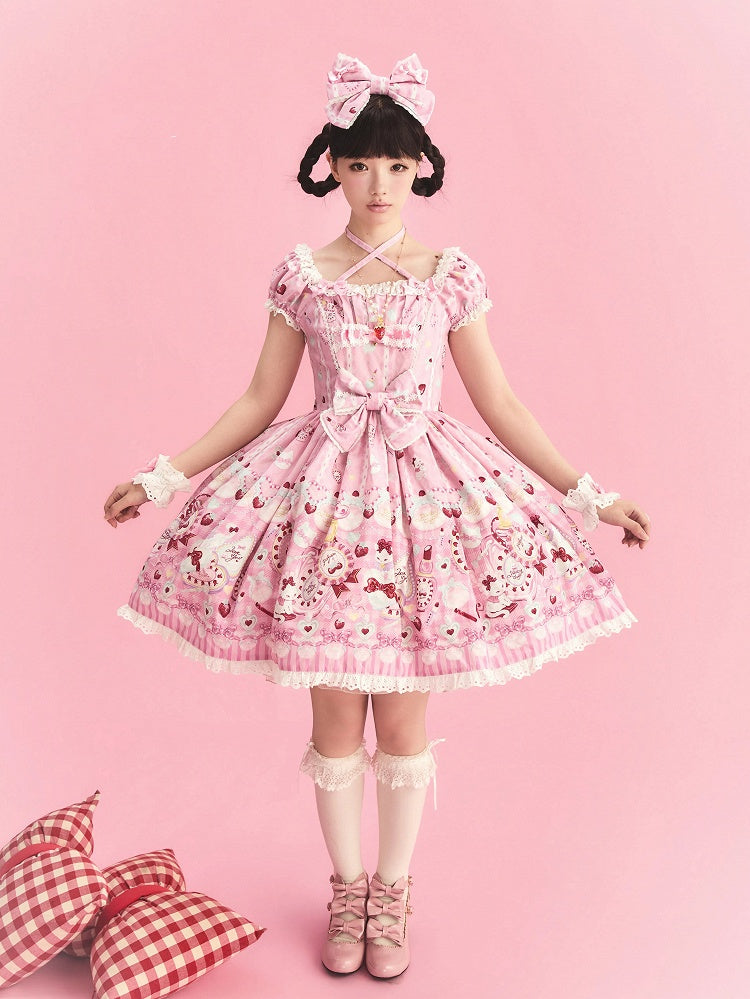 Cat Print Rose Sweet Lolita OP Dress with Removable Crisscross Halter Straps - Pastry Chef